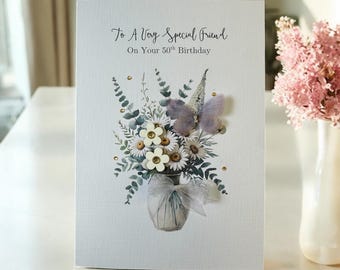 Friend 50th Birthday Card, ANY AGE Friend Card, Birthday Age Card, Luxury Keepsake Card, Best friend Card, Special Friend Card. Butterfly