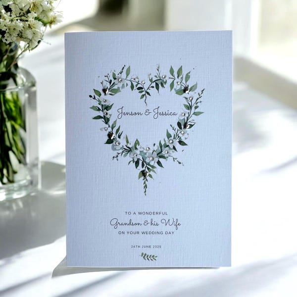 Personalisierte Hochzeitskarte für Enkel und seine Frau. Luxus-Erinnerungskarte, handdekoriert mit 3D-Edelsteinen und Herzen. Kundenspezifische handgemachte Karte