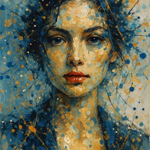 Golden Blue Muse – Watercolor Woman Portrait Wall Art