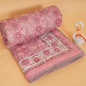 Pink Floral Block Printed Quilt, Thanksgiving Cotton Quilt, Jaipuri Rajai Quilt Indian Bedding, Boho Bedspread home decor, cotton quilt, floral quilts, winter quilts, block printed quilt, kantha quilt, comforter quilt, cotton batting, puff quilt, king size quilt, queen size quilt, kantha blanket, custom blanket