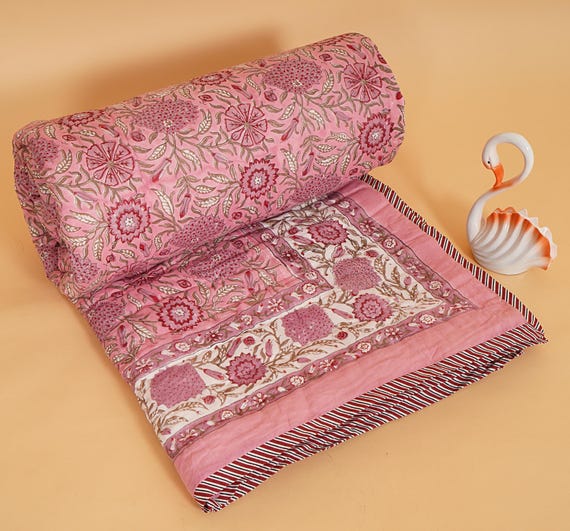 Pink Floral Block Printed Quilt, Thanksgiving Cotton Quilt, Jaipuri Rajai Quilt Indian Bedding, Boho Bedspread