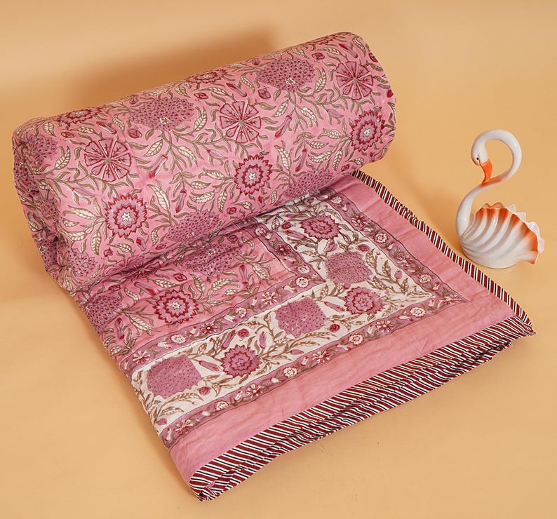 Pink Floral Block Printed Quilt, Thanksgiving Cotton Quilt, Jaipuri Rajai Quilt Indian Bedding, Boho Bedspread home decor, cotton quilt, floral quilts, winter quilts, block printed quilt, kantha quilt, comforter quilt, cotton batting, puff quilt, king size quilt, queen size quilt, kantha blanket, custom blanket