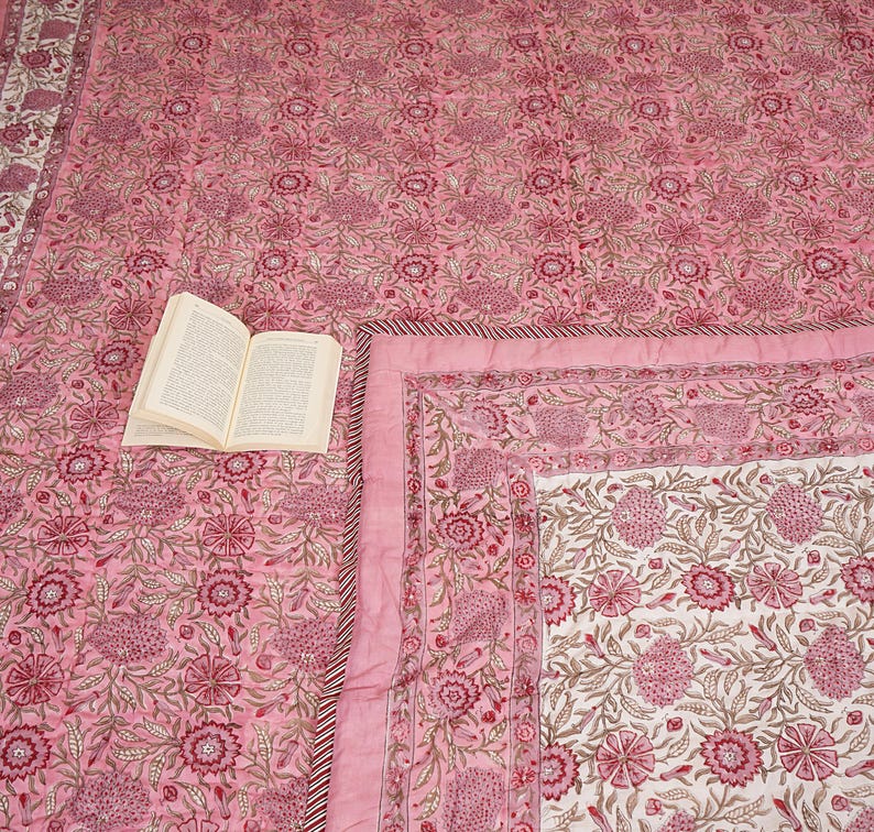Pink Floral Block Printed Quilt, Thanksgiving Cotton Quilt, Jaipuri Rajai Quilt Indian Bedding, Boho Bedspread home decor, cotton quilt, floral quilts, winter quilts, block printed quilt, kantha quilt, comforter quilt, cotton batting, puff quilt, king size quilt, queen size quilt, kantha blanket, custom blanket