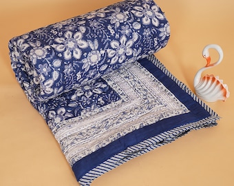 Jaipuri Block Print Quilt Reversible Floral Blanket Soft Cotton Quilt Jaipuri Bedspread Cozy Indian Comforter All Season Quilt