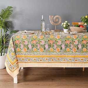 Green Yellow Floral Indian Hand Block Printed Rectangle Tablecloth Cotton Table Cover Housewarming Gifts French Tablecloth Boho Table Linen