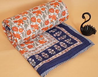 Bohemian Floral Block Printed Quilt, Reversible Cotton Quilt, Jaipuri Rajai Quilt Thanksgiving Bedding Bed Cover