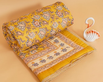 Hand Block Printed Quilt, Lightweight Cotton Quilt, Jaipuri Rajai Quilt Floral Indian Bedding, Boho Bedspread
