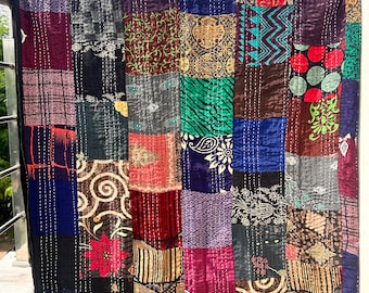 Indian Handstitched Silk Patchwork Kantha Quilt Hippie Bedding Bedspread Boho Bohemian Bed Cover Throw Blanket Gudari King Queen Twin Size