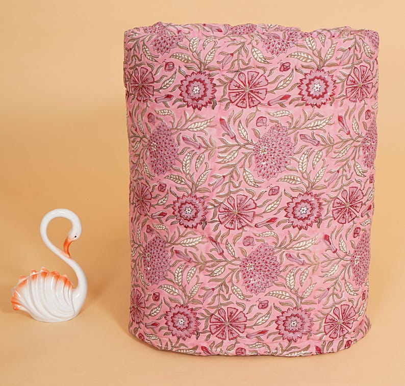 Pink Floral Block Printed Quilt, Thanksgiving Cotton Quilt, Jaipuri Rajai Quilt Indian Bedding, Boho Bedspread home decor, cotton quilt, floral quilts, winter quilts, block printed quilt, kantha quilt, comforter quilt, cotton batting, puff quilt, king size quilt, queen size quilt, kantha blanket, custom blanket