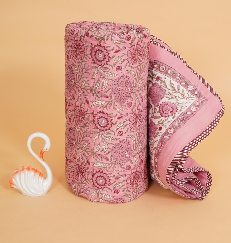 Pink Floral Block Printed Quilt, Thanksgiving Cotton Quilt, Jaipuri Rajai Quilt Indian Bedding, Boho Bedspread home decor, cotton quilt, floral quilts, winter quilts, block printed quilt, kantha quilt, comforter quilt, cotton batting, puff quilt, king size quilt, queen size quilt, kantha blanket, custom blanket