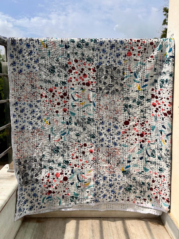 Indian Handstitched Silk Patchwork Kantha Quilt Hippie Bedding Bedspread Boho Bohemian Bed Cover Throw Blanket Gudari King Queen Twin Size