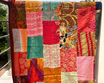 Indian Handstitched Silk Patchwork Kantha Quilt Hippie Bedding Bedspread Boho Bohemian Bed Cover Throw Blanket Gudari King Queen Twin Size