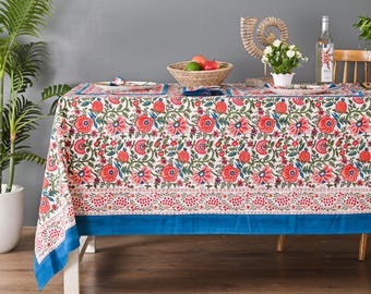 Peach Floral Hand Block Printed Tablecloth, Cotton Table Cover, Rectangle Tablecloth, Indian Table Cover French Tablecloth Party Decor Gift