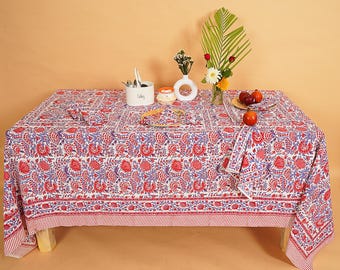 Tovaglia rettangolare in cotone con stampa a blocchi floreale blu e rossa, colore blu piccione, set da 12 pezzi (solo tovagliette/tovaglioli).