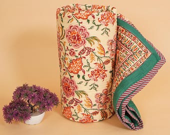 Floral Block Printed Quilt, Thanksgiving Cotton Quilt, Jaipuri Rajai Quilt Indian Bedding, Boho Bedspread