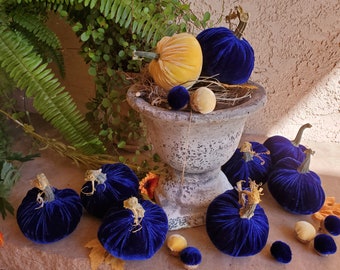 9 Small Silk Velvet Pumpkins with Real Stems and 12 Silk Velvet Acorns with real Stems - #1836