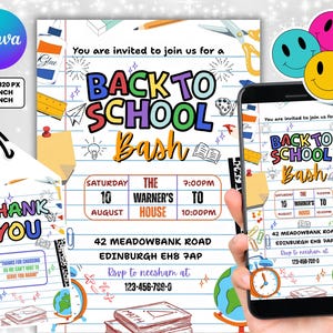 Back To School Bash Party Invitation, Editable Canva Template