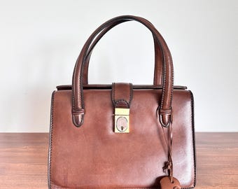 Vintage Brown Leather Top Handle Bag, Structured Doctor Bag, Genuine Leather Handbag, Classic 80s 90s Style, Minimalist Elegant Bag
