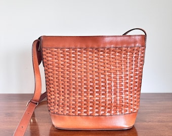 Vintage Woven Leather Crossbody Bag, Handwoven Brown Leather Shoulder Bag, Boho Style, Genuine Leather Purse