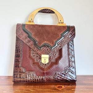 Vintage Italian Leather Top Handle Bag / Croc Embossed Statement Handbag / Premium Retro Designer Style / Structured Elegant Bag