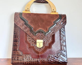 Vintage Italian Leather Top Handle Bag / Croc Embossed Statement Handbag / Premium Retro Designer Style / Structured Elegant Bag