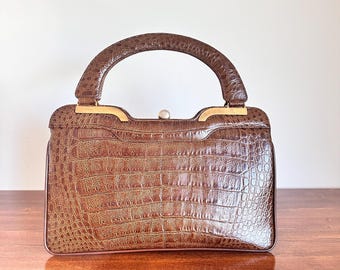 Vintage Croc Embossed Leather Handbag – Structured Top Handle Bag – 60s 70s Classic Frame Purse – Brown Elegant Retro Bag