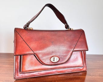 Vintage Burnished Leather Top Handle Bag, Structured 80s 90s Handbag, Classic Elegant Purse, Brown Cognac Leather Bag