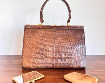 Vintage Croc Embossed Leather Frame Bag Brown Top Handle 60s 70s Structured Handbag With Mirror & Coin Purse
