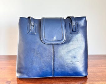 Italian Leather Shoulder Bag Vera Pelle Navy Blue | Minimal Tote Bag Women | Made in Italy Handbag | Classic everyday bag