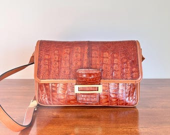 Vintage Crocodile Embossed Leather Bag – Italian Crossbody Shoulder Bag, Burgundy Brown, Structured Classic Statement Purse