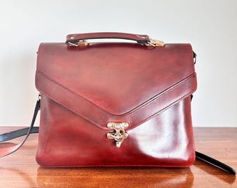 Vintage Burgundy Leather Top Handle Bag, Crossbody Structured Handbag, Elegant Classic Purse with Metal Lock, 80s 90s Style