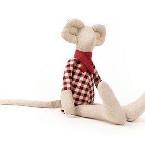 Handmade Linen Mouse Doll Soft Toy for Kids Eco-Friendly Perfect for a Birthday or Christmas Gift Maroon scarf