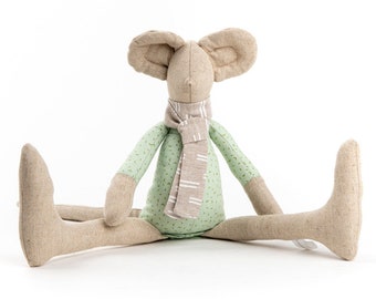 Handgemachte Leinen Maus Puppe, geschlechtsneutrales Geschenk, Baby Geschenk, Kuscheltier, modernes Kinderzimmer Dekor, umweltfreundliches Geschenk, Stofftier, Geschenk für Kinder