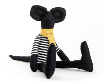 Handmade gift, Stuffed animal, Soft black mouse doll, Art doll, Mice fabric doll, Newborns gift idea, Gift for kids