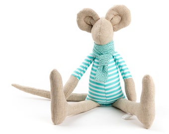 Mouse handcrafted doll with scarf, Handmade natural linen toy, Fabric stuffed animal, Kid gift
