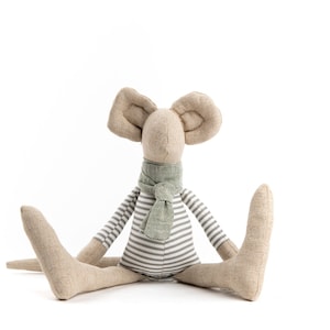 Newborns gift, Handmade stuffed animal, Soft linen mouse doll