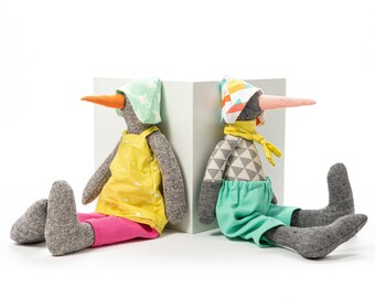 Poupées ensemble pour les enfants, Ensemble de 2 poupées, Cadeau jumeaux, cadeau de douche de bébé, poupée d’oiseau, poupée de tissu, poupée faite à la main, cadeau respectueux de l’environnement, poupées de chiffon, canard