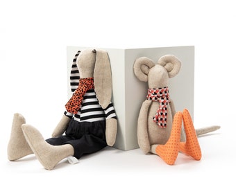 Baby nursery, Handmade linen set of 2 stuffed animal dolls, Bunny & Mouse dolls
