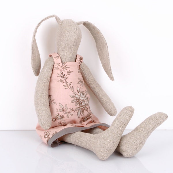 Bunny made  from Light Natural canvas  dressed in light pink dress With  floral-print ,handmade fabric doll