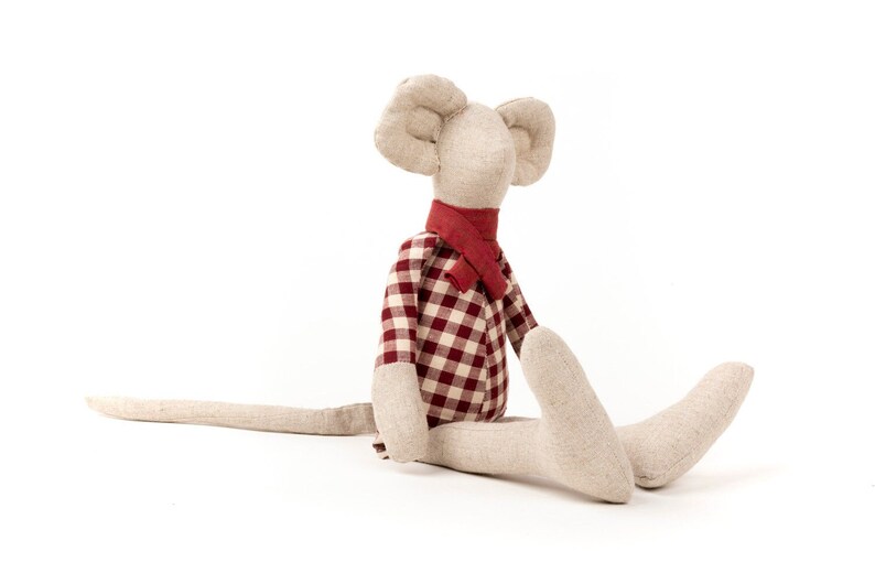 Handmade Linen Mouse Doll Soft Toy for Kids Eco-Friendly Perfect for a Birthday or Christmas Gift Maroon scarf