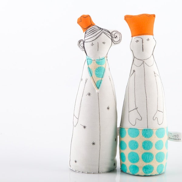 Royal Couple - King and Queen in Orange crown , skirt and scarf with Turquoise Polka Dots -  handmade eco fabric dolls