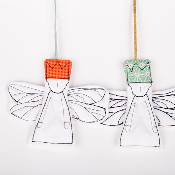 Reserved for Eli  - Set of 2 royal dwarfs angels in  Peach & Mint dotted crowns , dragonfly wings .handmade hanging tree Fabric decorations