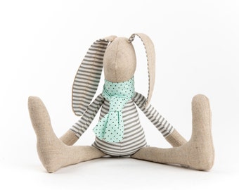 Handmade Linen Bunny Stuffed Animal Baby Shower Gift - Nursery Decor