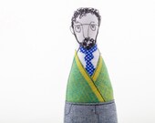 Soft sculpture - Family guy doll Father or Grandpa - man doll with beard ,in green jacket, blue dotted tie and and denim -handmad cloth doll