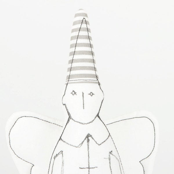 Angel for him -   Black & White guardian angel With white wings Wearing Striped gray hat - timo handmade fabric eco doll