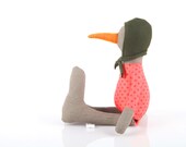 Olive Vogel Püppchen, kleine Puppe, Plüsch Ente mit orange Schnabel tragen wolle dunkel grüne Haube & gepunktet Rosa Shirt-Timohandmade Öko Stoff Puppe