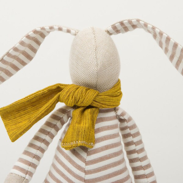 Little Easter bunny , dressed for spring in beige striped shirt and mustard scarf - handmade fabric doll