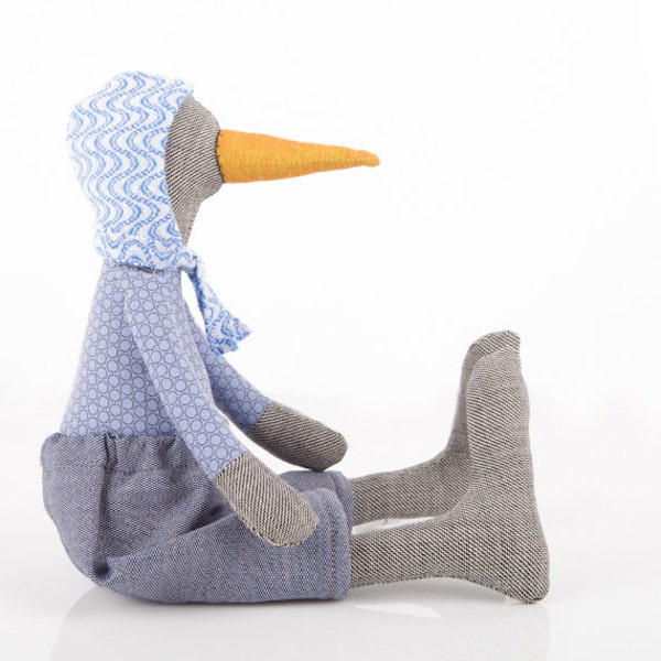 Textile Toy - Modern stuffed eco dark bird doll , duck with mustard beak ,blue retro shirt & denim ,wearing azure hood hat - handmad doll