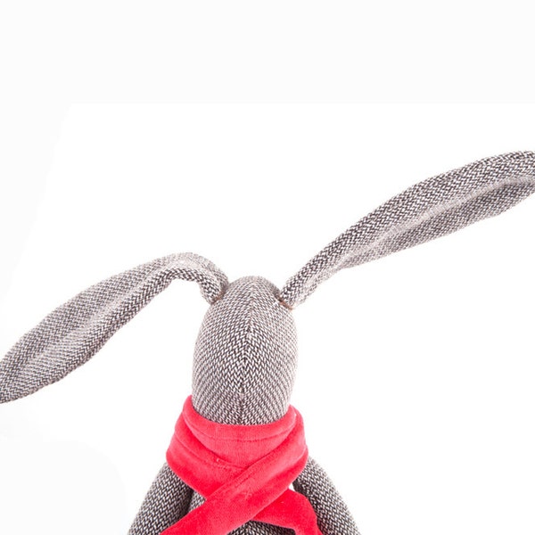 Plush brown woven stuffed SMALL rabbit doll  ,Easter bunny in hot neon pink velvet scarf,  timo handmade eco doll , baby shower gift