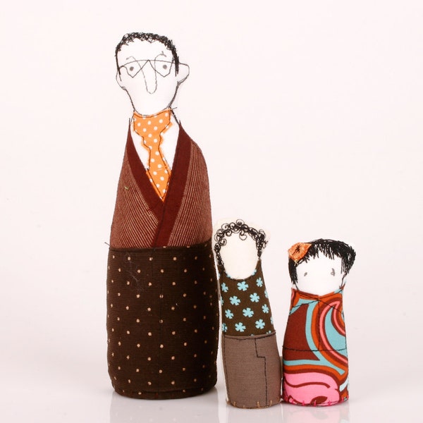 Family - Hipster dad and  Two kids Dressed in Brown, burgundy, orange retro fabric - handmade   dolls free shipping